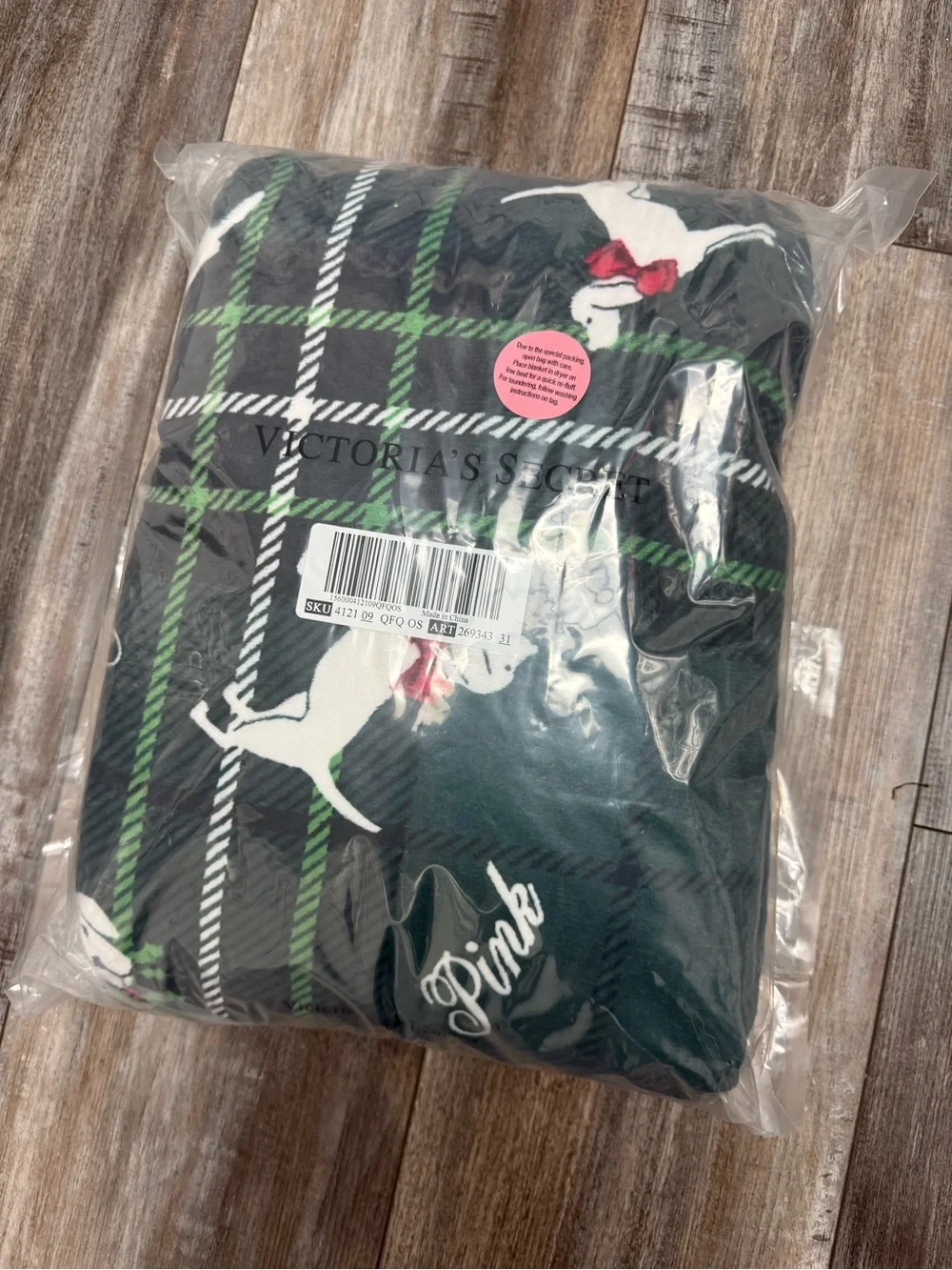 PINK Victoria's Secret Green Plaid Reindeer Throw Sherpa Blanket